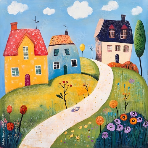 Illustration of a tree and houses. Naive art. Colorful children's drawing of a village with houses and flowers.
