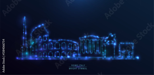 Rome skyline with a bright blue neon outline, featuring iconic monuments. Sparkling particles and subtle light trails, suggesting a futuristic and vibrant interpretation of the city.