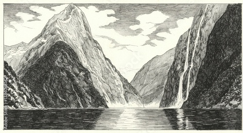Milford Sound Sketch with Towering Cliffs and Waterfalls