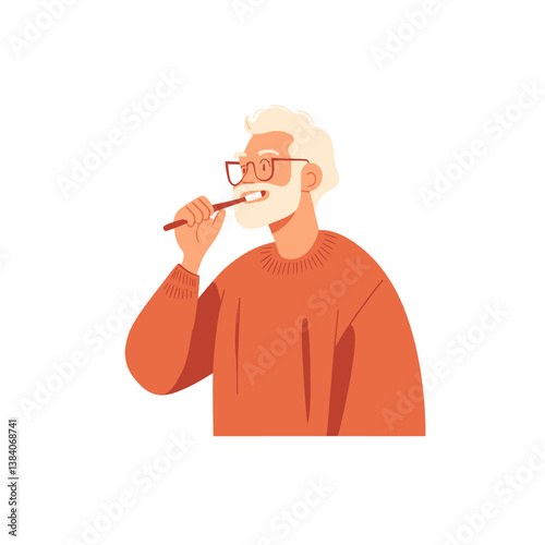 Modern art illustration depicts an elderly man brushing his teeth in a flat style