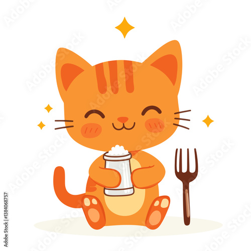 Modern flat illustration depicts an adorable orange cat grasping a spoon and fork