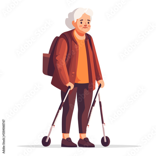 An elderly woman is depicted standing with the aid of crutches in a modern flat art style