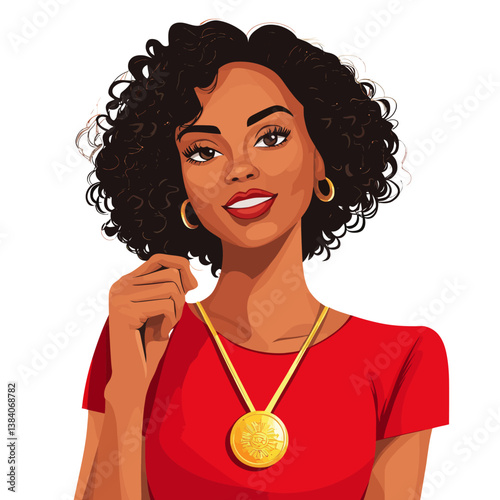 Modern art depicts a woman with curly hair clutching golden coins in a flat style