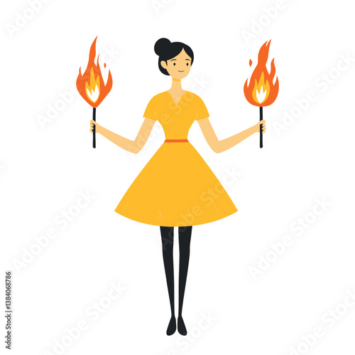 A woman in a bright yellow dress juggles flaming torches in a contemporary flat artwork