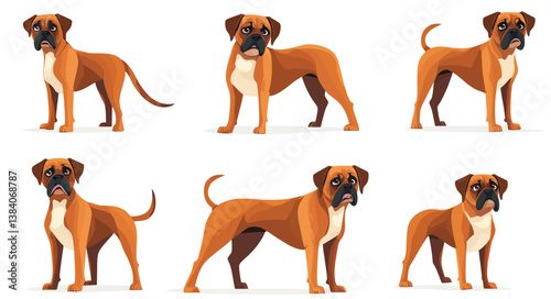 Modern art featuring playful dogs in various poses exemplifies a flat design aesthetic with meticulous details