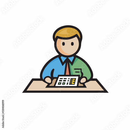Stylized man works calculating data desk icon vector