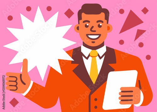 Happy Businessman Thumbs Up, Blank Speech Bubble