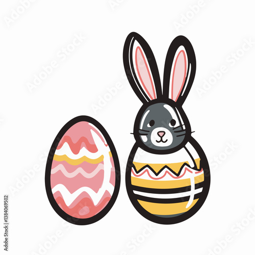 Cute bunny sits near decorated egg simple white scene