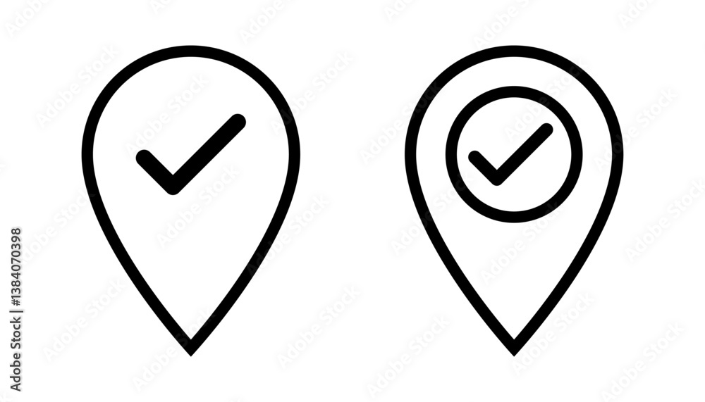 Check mark location pin icon set – outline style, simple vector icons Check mark location pin icon set – outline style, simple vector icons