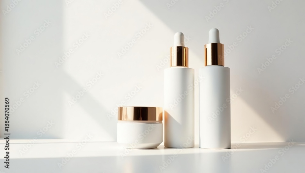 Luxury skincare products on pristine white backdrop, spa, template, bottle Luxury skincare products on pristine white backdrop, spa, template, bottle