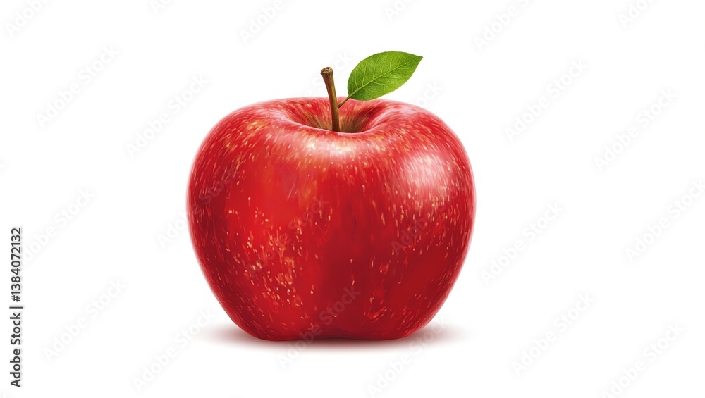Fresh red apple with a glossy finish and green leaf on a clean white backdrop Perfect for food and health concepts Fresh red apple with a glossy finish and green leaf on a clean white backdrop Perfect for food and health concepts