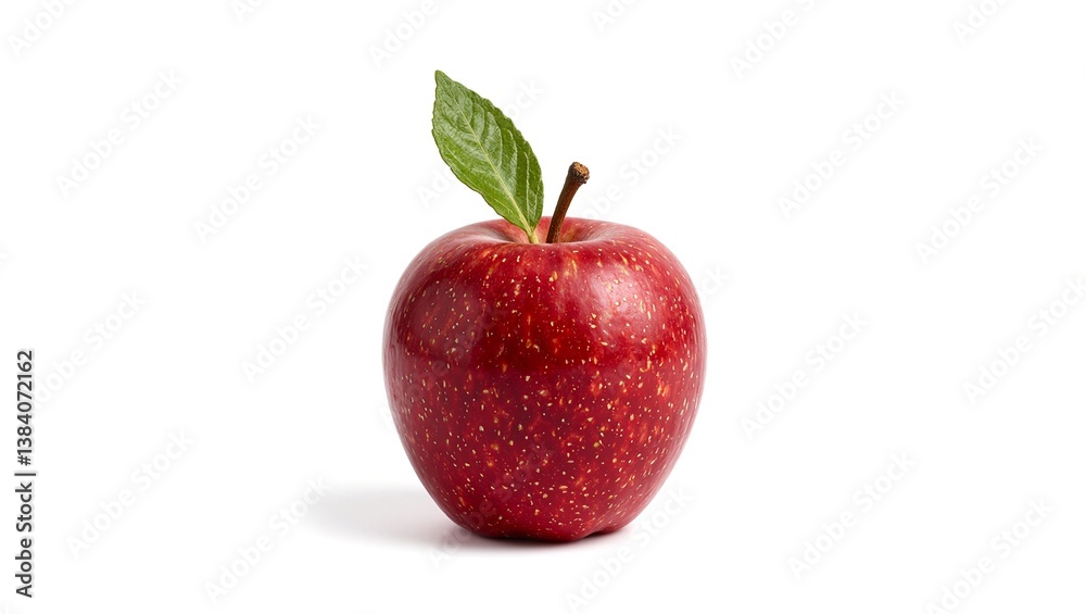 Fresh red apple with a glossy finish and green leaf on a clean white backdrop Perfect for food and health concepts Fresh red apple with a glossy finish and green leaf on a clean white backdrop Perfect for food and health concepts