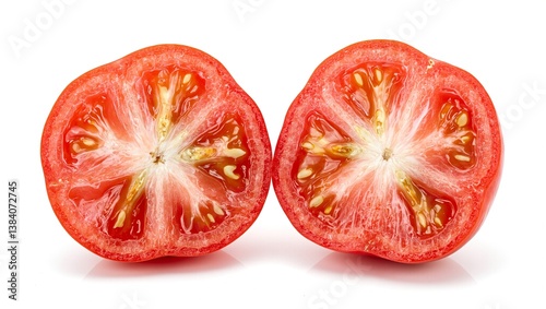 Wallpaper Mural Fresh red tomato sliced in half showcasing juicy seeds and glossy skin on a clean white background Perfect for culinary concepts Torontodigital.ca