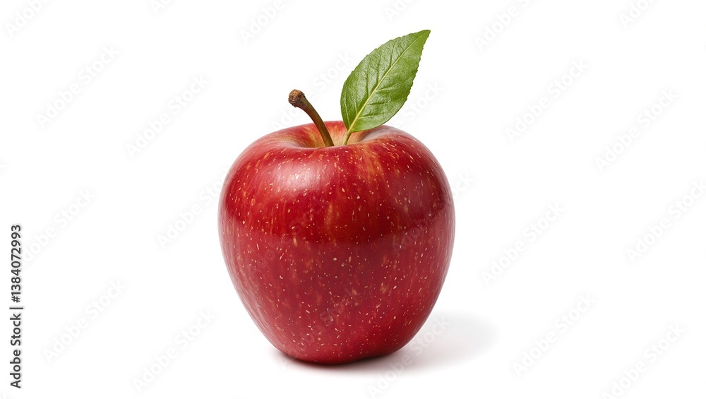 Fresh red apple with green leaf shiny skin and soft light symbolizing freshness Perfect for healthy living concepts Fresh red apple with green leaf shiny skin and soft light symbolizing freshness Perfect for healthy living concepts