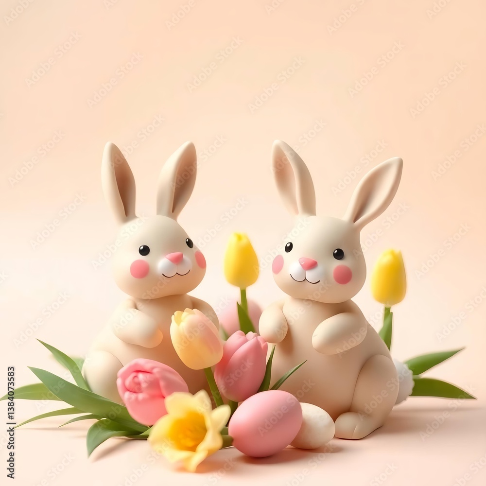 Fototapeta premium 3d clay easter bunny eggs and tulip pastel background - Brown Rabbit - Easter Flyer Template perfect for digital invitation card