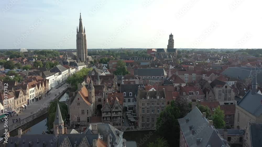Aerial of Belfry of Bruges Medieval city center in Bruges, Belgium