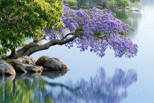 Tranquil purple flowering  Jacaranda tree reflecting on still water  