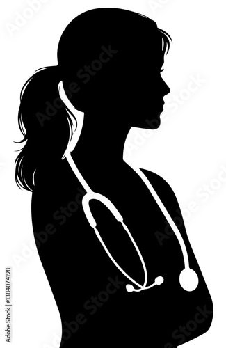 Black and white silhouette of a female doctor with a stethoscope on a white isolated background. Vector graphics. EPS.