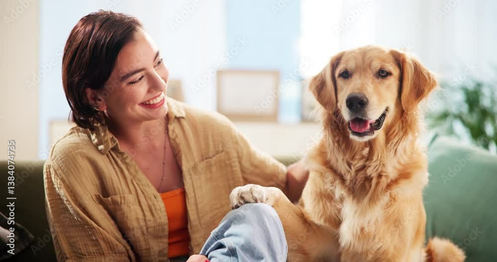 Home, woman and happy with dog on sofa for animal care, stroke and domestic companion. Loyalty, pet owner and golden retriever in living room with scratch, playing and love for protection and support Home, woman and happy with dog on sofa for animal care, stroke and domestic companion. Loyalty, pet owner and golden retriever in living room with scratch, playing and love for protection and support