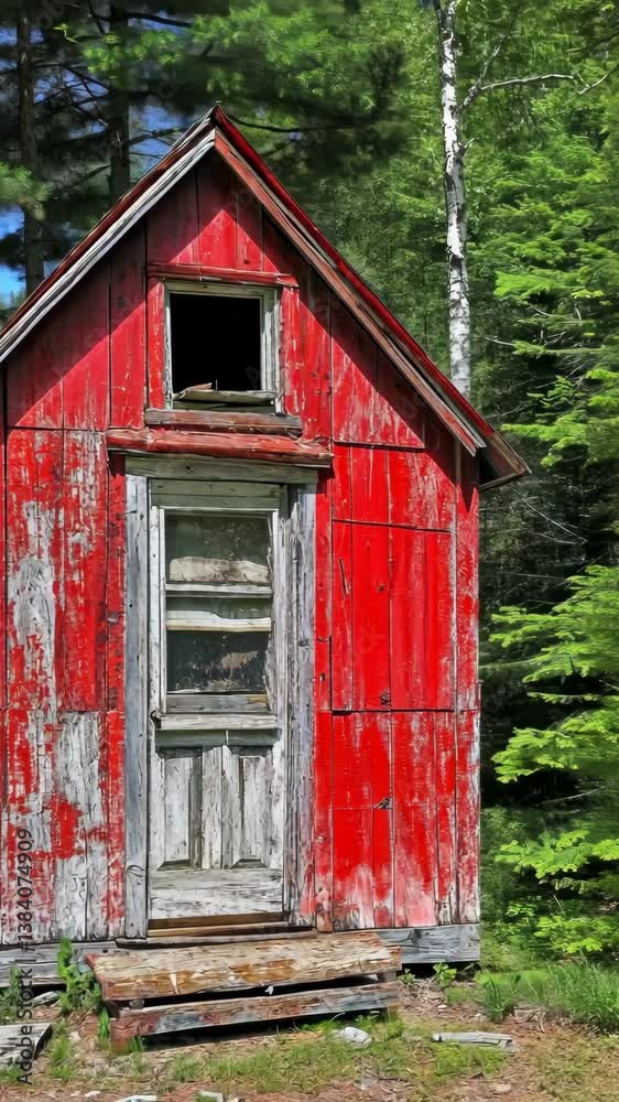 Old red cabin surrounded by lush green trees in a tranquil forest setting Old red cabin surrounded by lush green trees in a tranquil forest setting