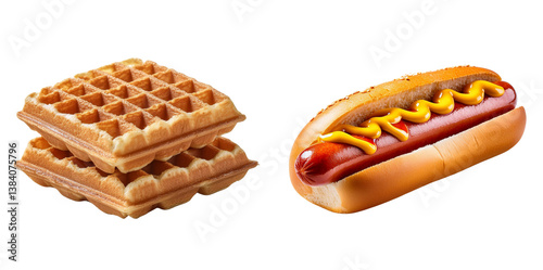 Waffle and Hot Dog: A tempting duo: golden waffles stacked high and a classic hot dog with mustard on a bun, a celebration of delicious, satisfying comfort food.