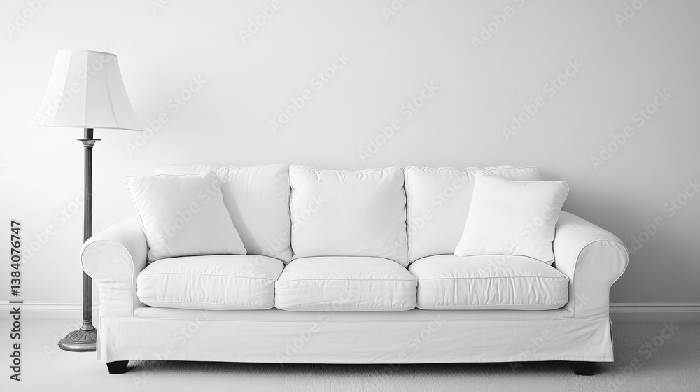Obraz premium The interior has a White sofa and lamp on empty white wall background,3D rendering