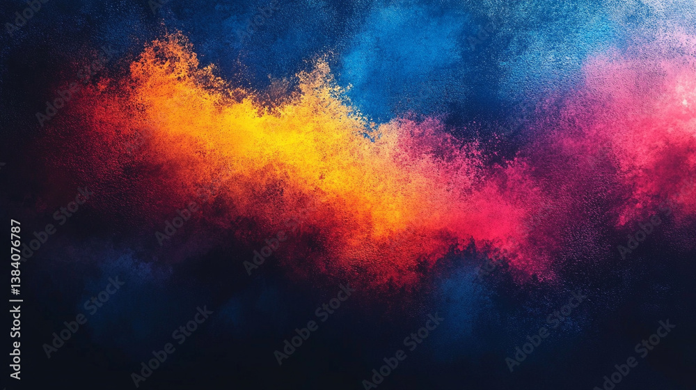 Fototapeta premium Abstract noise texture background with a vibrant gradient of red, orange, yellow, and blue. A grainy, dark shape on a black banner, ideal for modern poster cover and header designs.
