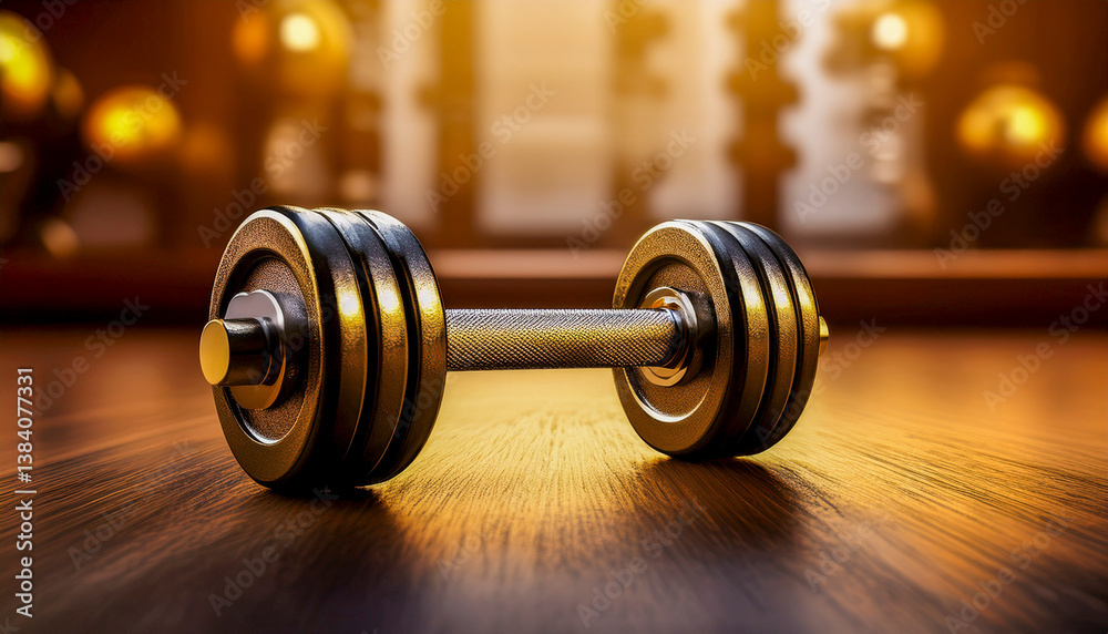 Heavy Dumbbell on Wooden Floor with Warm Golden Light Heavy Dumbbell on Wooden Floor with Warm Golden Light