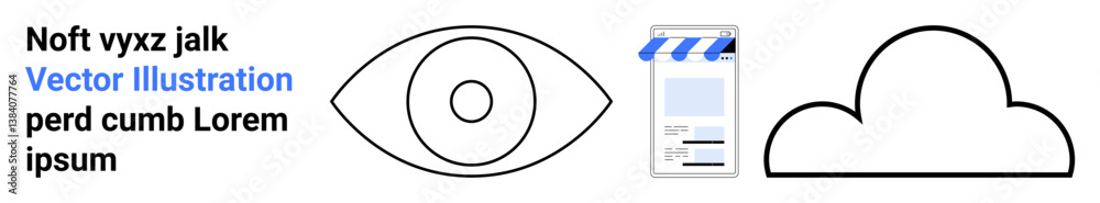 Eye icon, film-themed document, and cloud symbol in a simple arrangement with placeholder text. Ideal for technology, media, data storage, design, communication, education simple landing page Eye icon, film-themed document, and cloud symbol in a simple arrangement with placeholder text. Ideal for technology, media, data storage, design, communication, education simple landing page