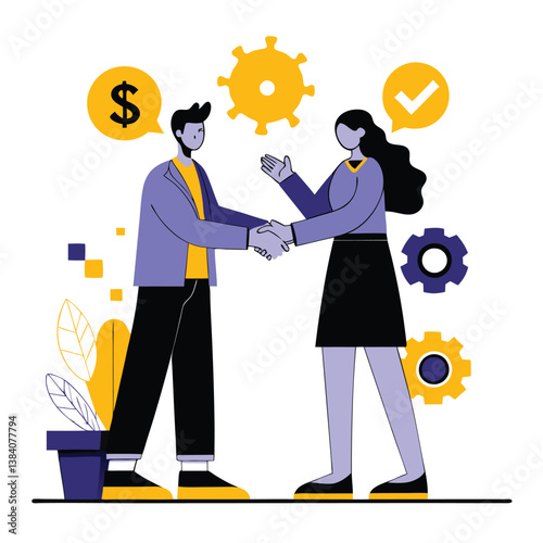 Illustration of a business deal with handshake dollar sign and gears on a white background