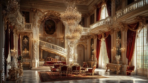 Opulent Baroque luxury interior adorned with grand chandeliers gilded moldings plush velvet drapes intricate frescoes and richly detailed furniture exuding old world elegance and extravagance