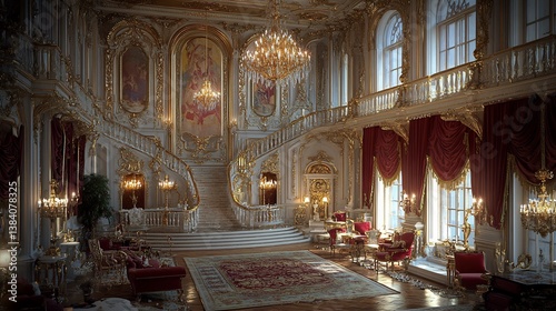 Opulent Baroque luxury interior adorned with grand chandeliers gilded moldings plush velvet drapes intricate frescoes and richly detailed furniture exuding old world elegance and extravagance