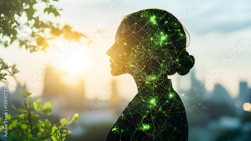 A silhouette of a woman's profile is filled with a glowing green network, symbolizing the interconnectedness of mind, technology, and nature