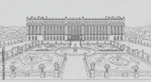 Line Drawing of Palace of Versailles Facade and Gardens