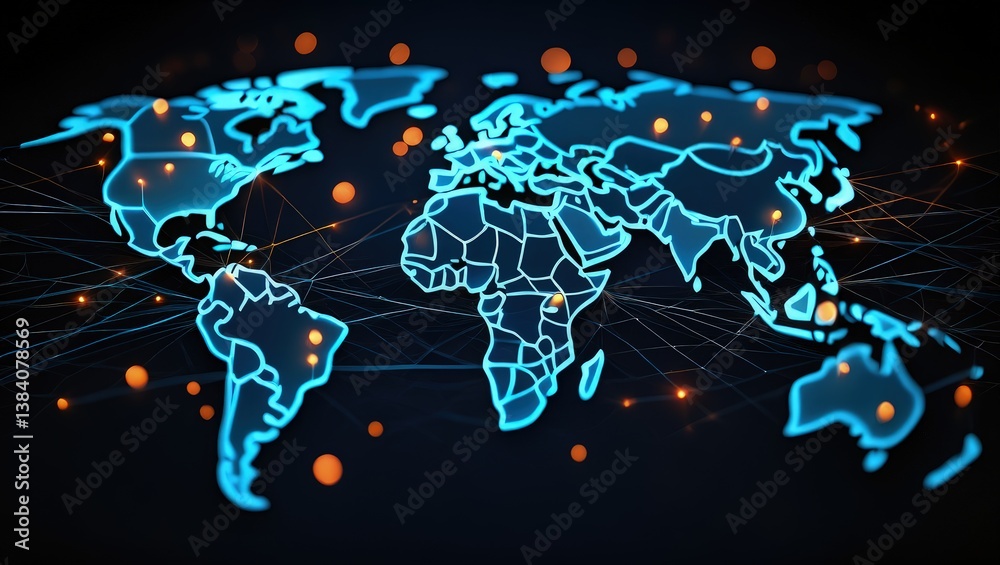 Fototapeta premium Global supply chain management overview with world map, logistics network, distribution, strategic planning. International business, import export, freight transportation, global sourcing,