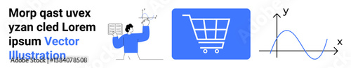Scientist analyzing data, cart icon symbolizing shopping or e-commerce, and line graph illustrating data trends. Ideal for business, marketing, analytics, science, finance, retail simple landing