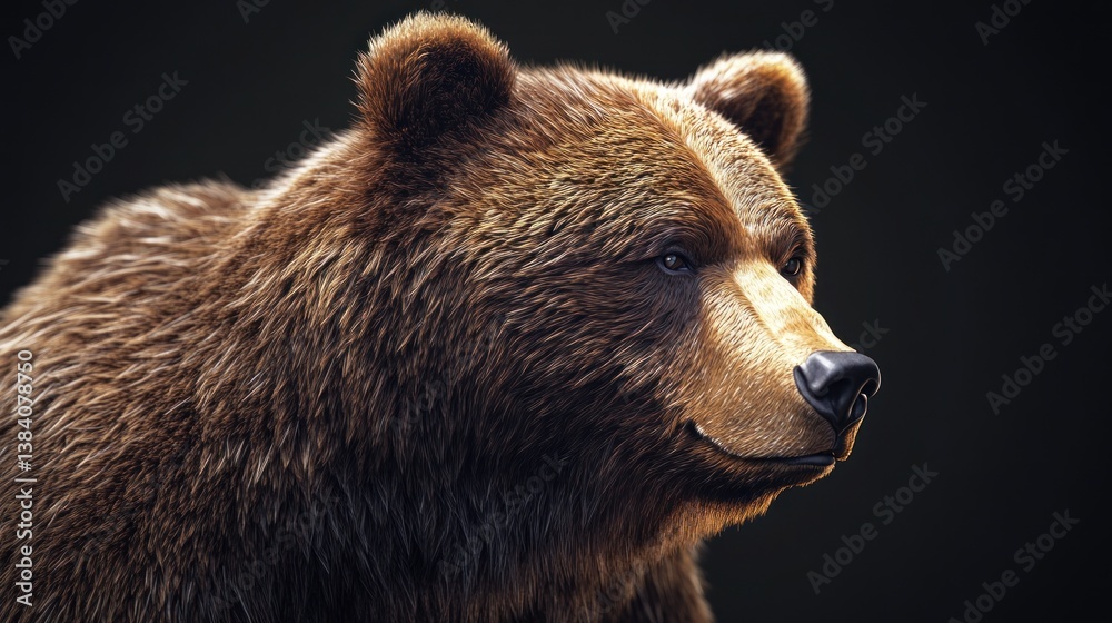 Obraz premium Close-up portrait of a majestic brown bear against a dark background, showcasing its fur texture and intense gaze.