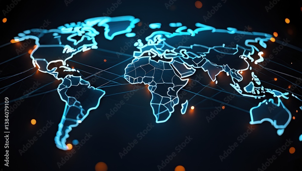 Fototapeta premium Global supply chain management overview with world map, logistics network, distribution, strategic planning. International business, import export, freight transportation, global sourcing,