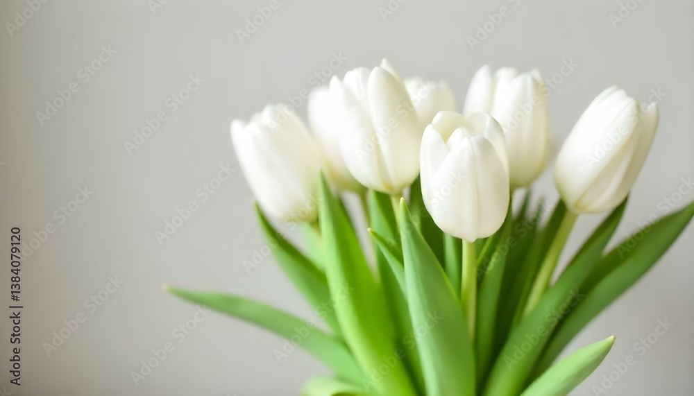 Close-up studio shot of a bouquet of white tulips with green stems and leaves against a soft Close-up studio shot of a bouquet of white tulips with green stems and leaves against a soft