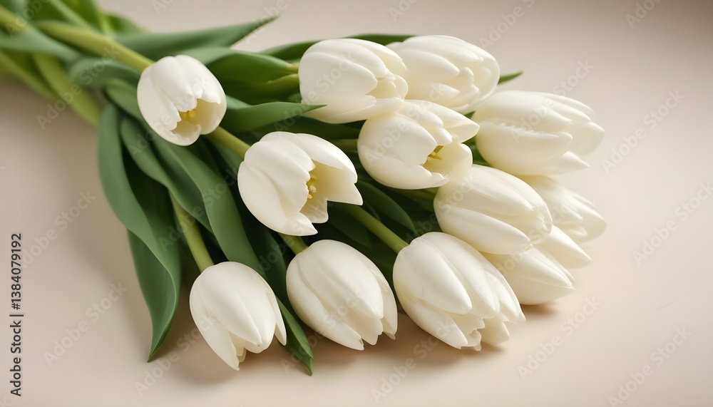 Obraz premium Close-up studio shot of a bouquet of white tulips with green stems and leaves against a soft