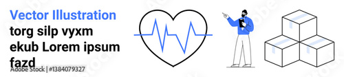 Doctor holding clipboard pointing at heartbeat line in heart outline, next to stacked boxes. Ideal for health, healthcare logistics, medical services, supply chain, wellness, presentations, simple