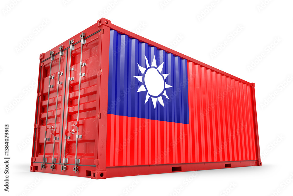 Red cargo container featuring Taiwan flag, symbolizing import, export, and global logistics. 3d Rendering Red cargo container featuring Taiwan flag, symbolizing import, export, and global logistics. 3d Rendering