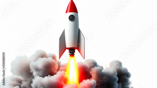 Rocket launching into the sky with vibrant flames and billowing smoke against a white background