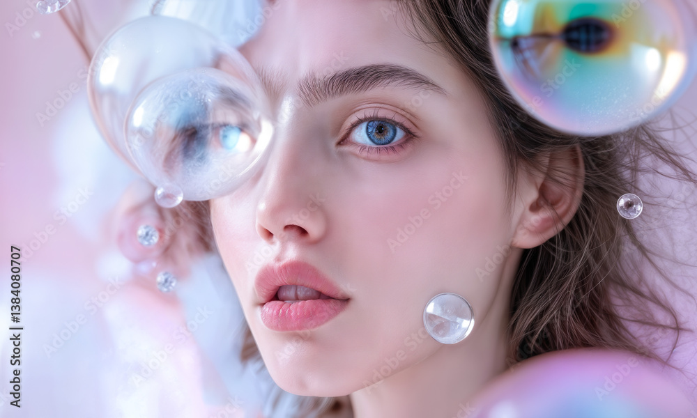 AI generated image of a futuristic young woman interacting with clear floating glass spheres, evoking curiosity and surreal innovation. AI generated image of a futuristic young woman interacting with clear floating glass spheres, evoking curiosity and surreal innovation.