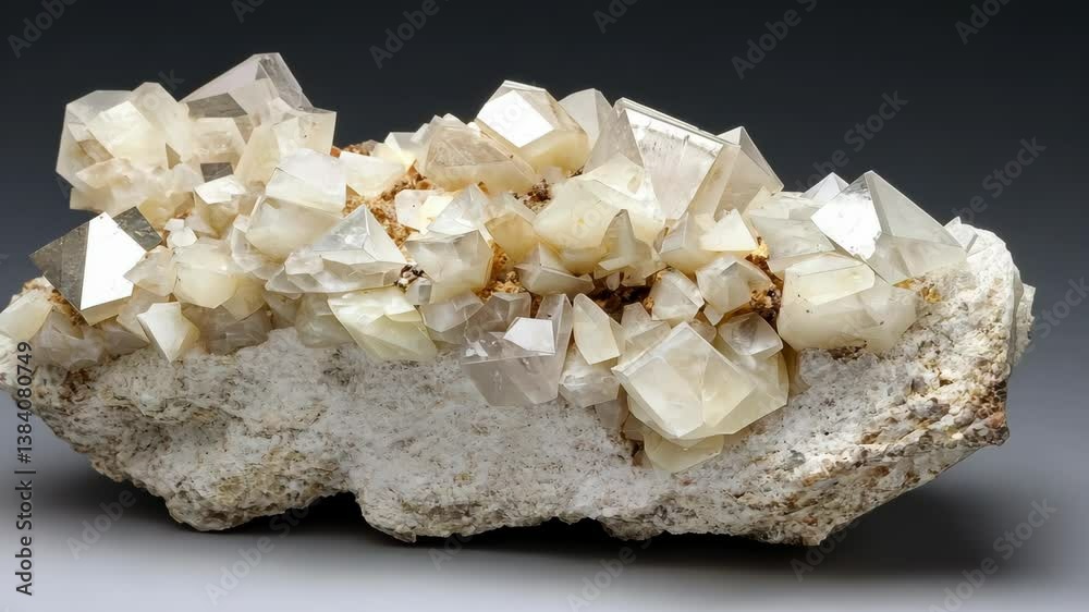 Beautiful cluster of transparent quartz crystals on a natural rock base from a mineral collection display Beautiful cluster of transparent quartz crystals on a natural rock base from a mineral collection display