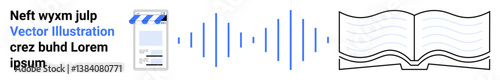 Open book, audio wave, and digital content player highlight education, learning, digital library, audio learning, e-learning, content creation, and media ideal for simple landing page