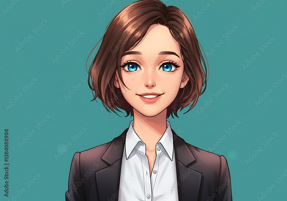 A confident young professional with a warm smile and bright blue eyes, portrayed in a stylish, modern anime-inspired illustration against a teal background. A confident young professional with a warm smile and bright blue eyes, portrayed in a stylish, modern anime-inspired illustration against a teal background.