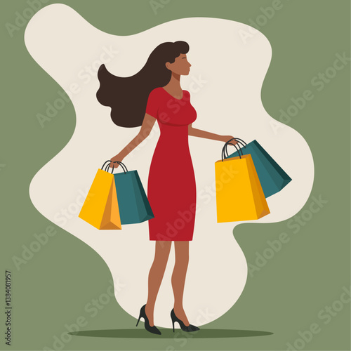 Elegant woman in a red dress walking with multiple shopping bags. Stylish female character enjoying a shopping spree. Fashionable shopper carrying purchases. Vector illustration in flat design.