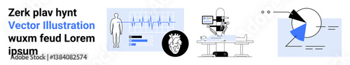 Human figure with heartbeat monitor, medical microscope setup, abstract pie chart. Ideal for healthcare, diagnostics, medical research, technology, science, data visualization and simple landing