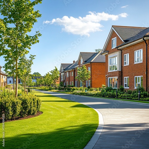 Exterior view of residential care home in UK. Brick building with manicured lawn and green bushes. Suburban housing in sunny summer day. Modern architecture and community housing.